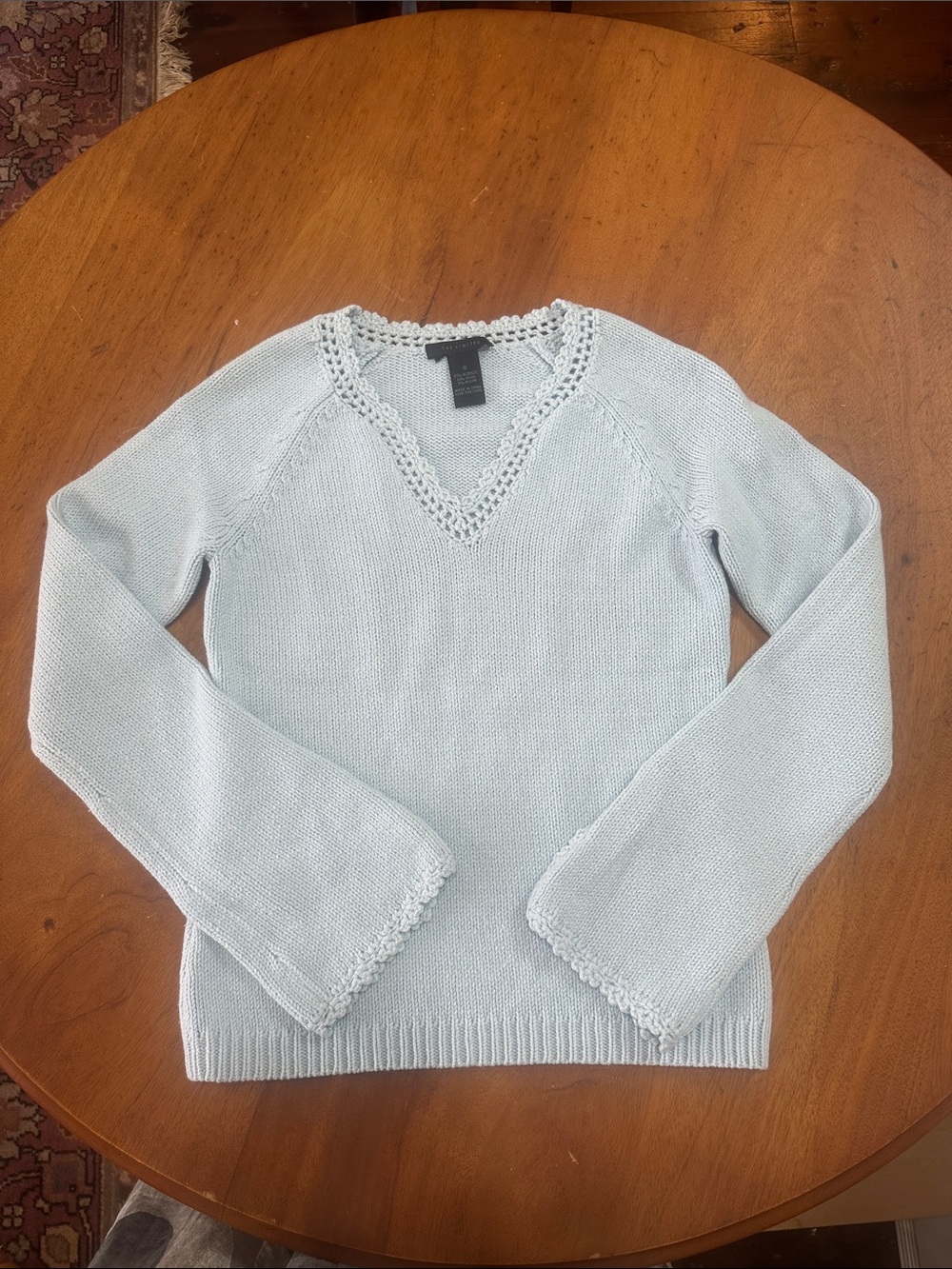 The Limited Pale Blue Crochet-Trim V-Neck Sweater Small Wool blend